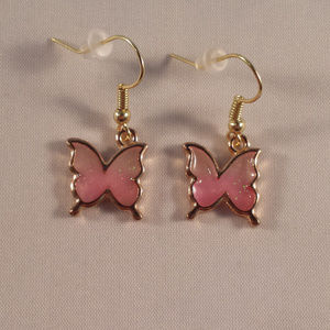 Gold Pink Butterfly Drop Dangle Earrings New Mystical Pink Hypoallergenic Hooks